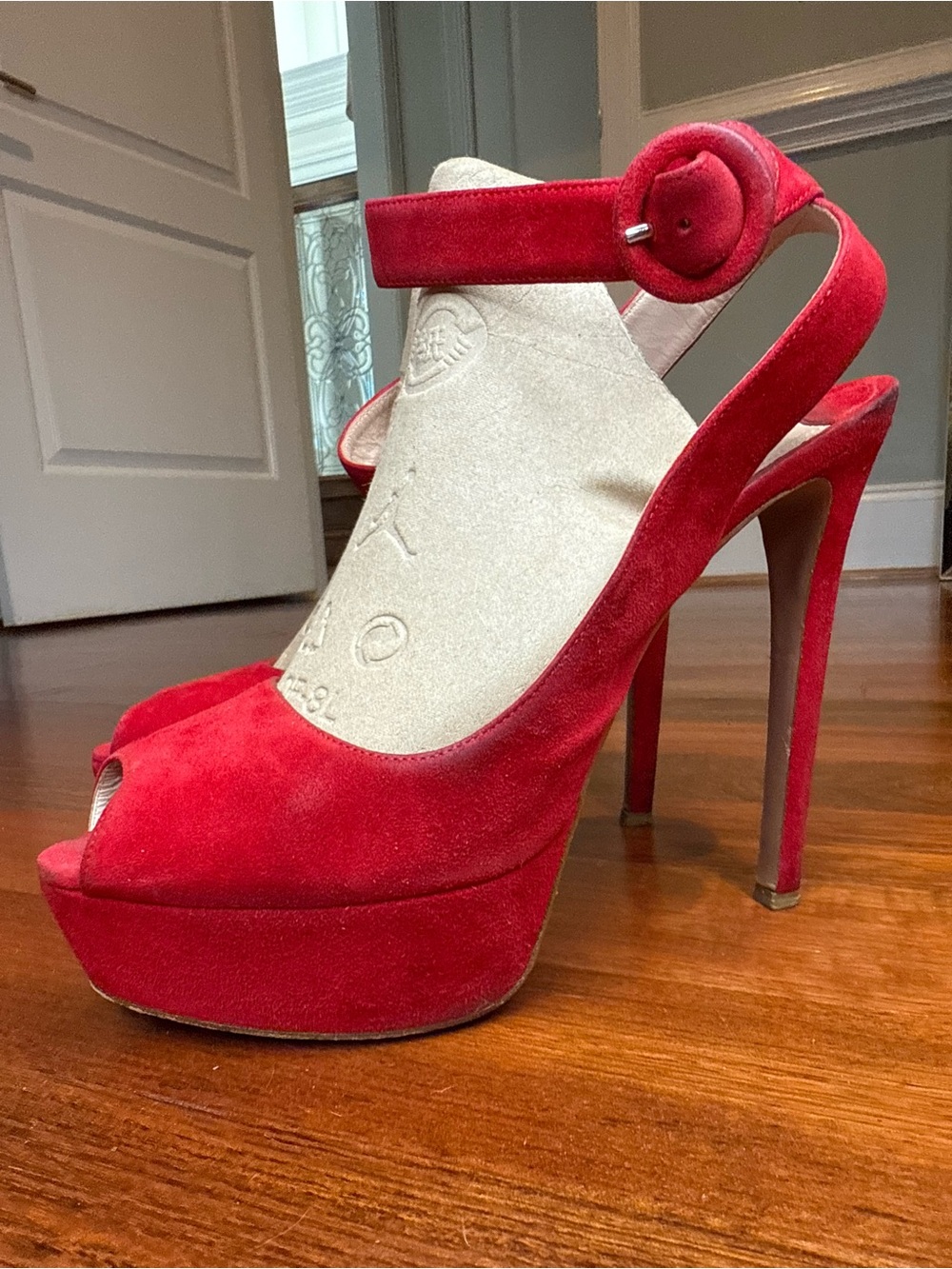 Prada Red Suede Platform Peep-Toe Slingbacks